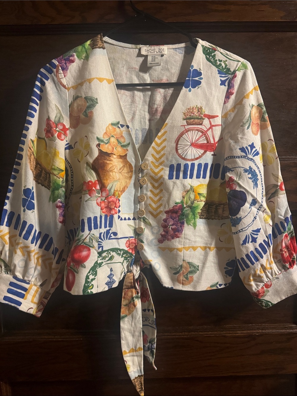 Rachel Zoe Cream Multicolor Fruit & Floral Tie-Front Blouse